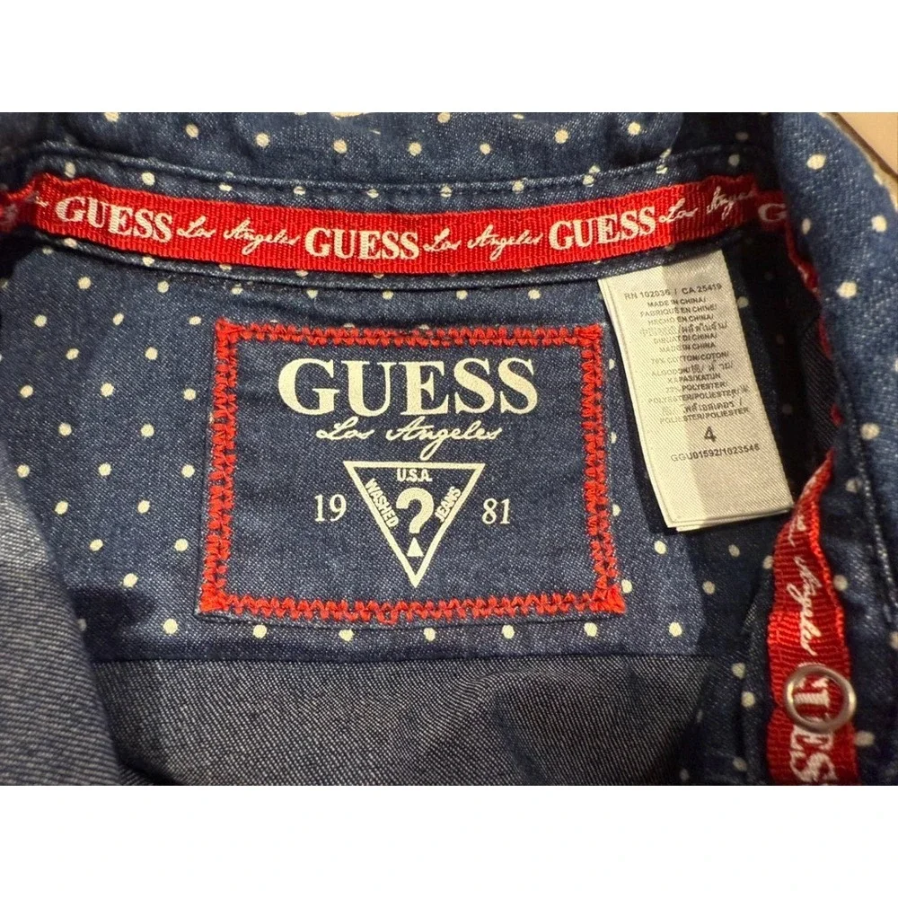 Girls Size 4 GUESS Polka Dot Blue Denim Red Button‎ Short Sleeve Dress Cowgirl